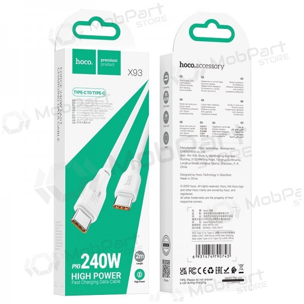 USB cable Hoco X93 60W USB-C to USB-C 2.0m blanco