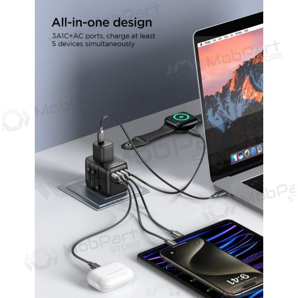 Universal kelioninis cargador Joyroom JR-TCW01 3xUSB-A/USB-C negro