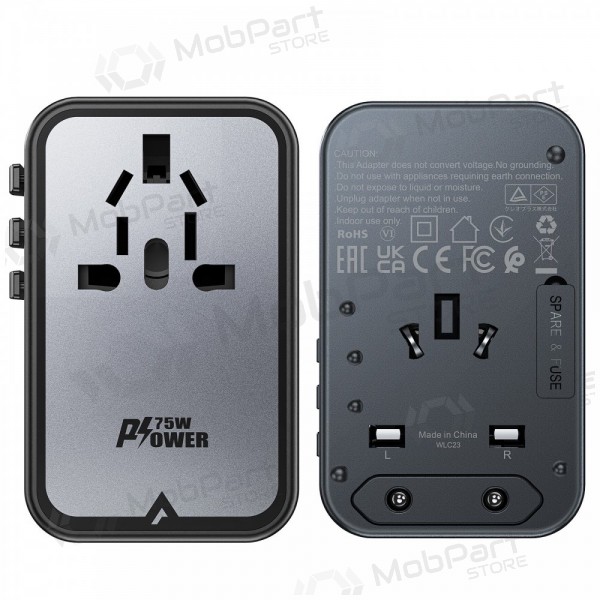 Universal kelioninis cargador Acefast Z1 75W GaN 2xUSB-A/3xUSB-C negro