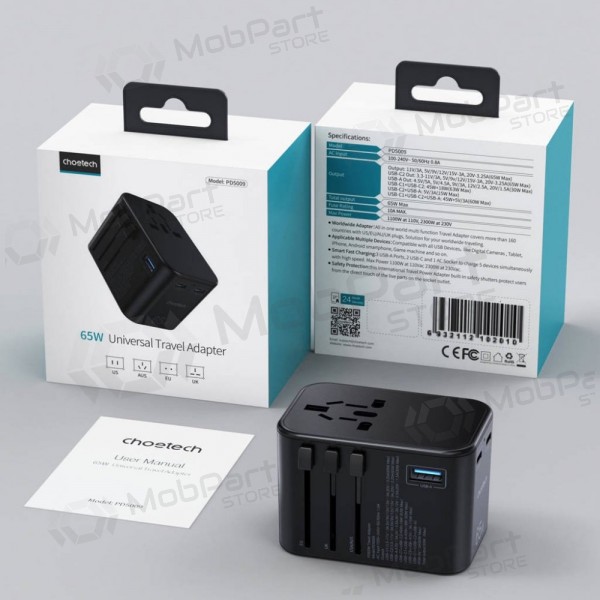Universal kelioninis cargador Choetech PD5009 65W 2xUSB-C/USB-A negro