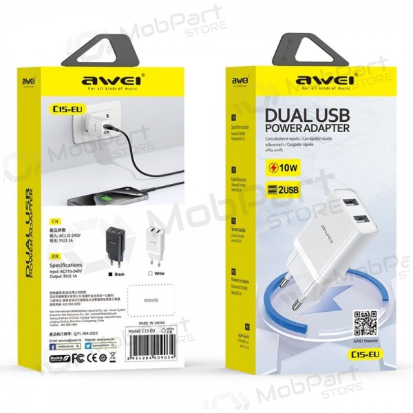 Cargador Awei C15T-EU 2xUSB-A 10W + USB to USB-C cable blanco