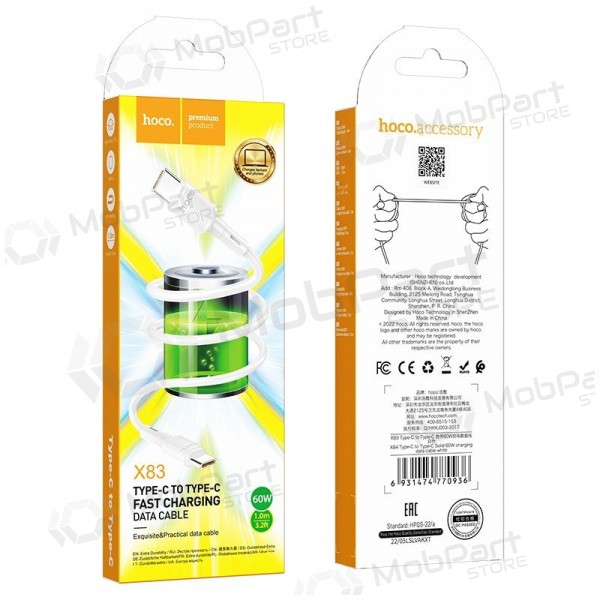 USB cable Hoco X83 60W Type-C to Type-C 1.0m blanco