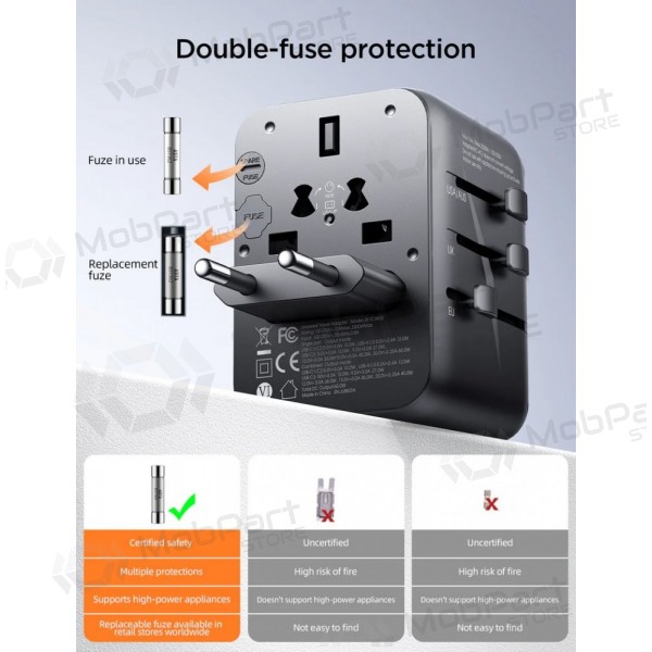 Universal kelioninis cargador Joyroom JR-TCW01 3xUSB-A/USB-C negro