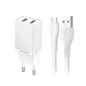 Cargador Awei C15T-EU 2xUSB-A 10W + USB to USB-C cable blanco