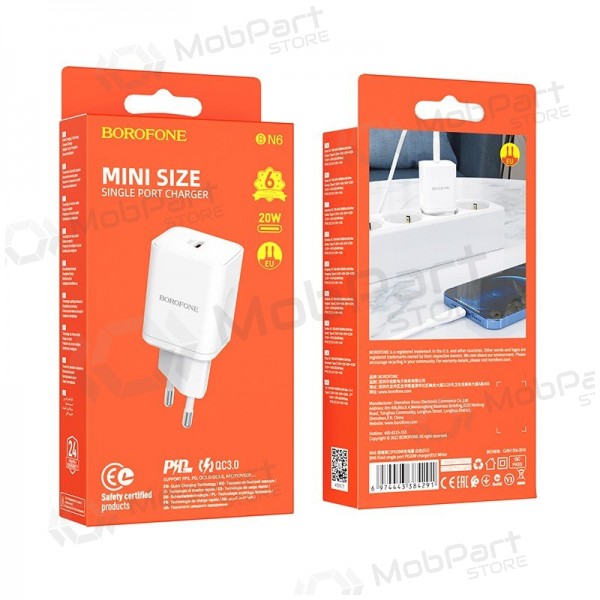Cargador buitinis Borofone BN6 Type-C PD+QC3.0 20W, blanco