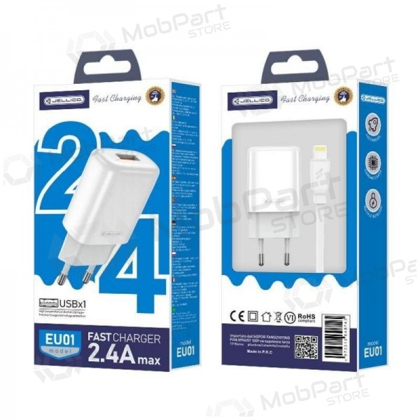 Cargador buitinis Jellico EU01 2.4A USB + Lightning blanco