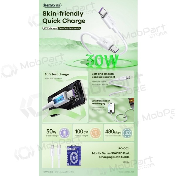 USB cable Remax RC-C021 USB-C to USB-C 30W 2.0m blanco