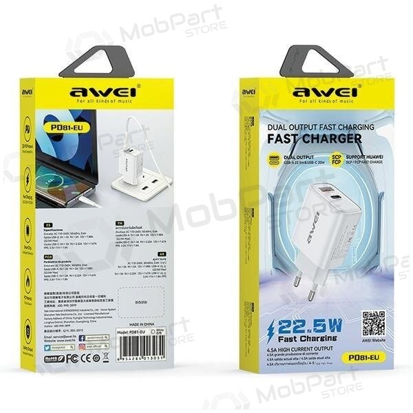 Cargador Awei PD81-EU USB-A/USB-C blanco