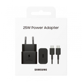 Cargador original Samsung EP-T2510XBEGEU 25W + USB-C cable en el paquete negro