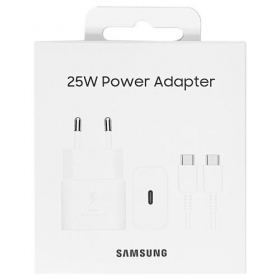 Cargador original Samsung EP-T2510XWEGEU 25W + USB-C cable en el paquete blanco