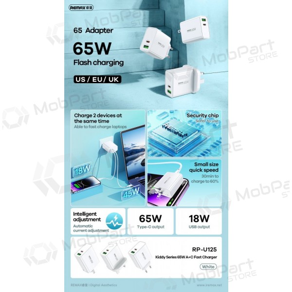 Cargador Remax RP-U125 65W GaN USB-C/USB-A blanco