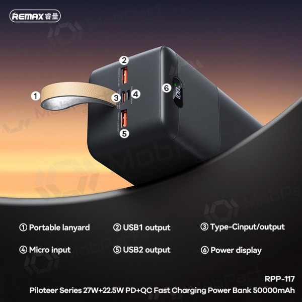 Batería externa Power Bank Remax RPP-117 22.5W 50000mAh negro