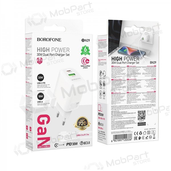 Cargador Borofone BN29 30W USB-C/USB-A + USB-C to Lightning cable 1.0m blanco