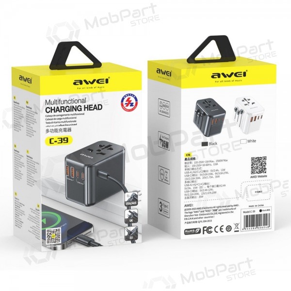 Universal kelioninis cargador Awei C-39 GaN 35W 2xUSB-A/3xUSB-C negro