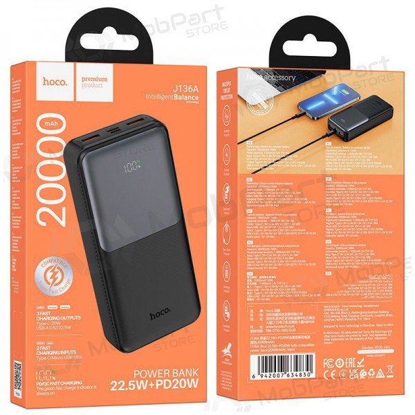 Batería externa Power Bank Hoco J136A 22.5W+PD20W 20000mAh negro