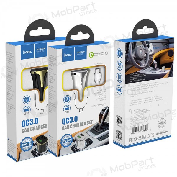 Cargador automobilinis Hoco Z31 Quick Charge 3.0 (3.4A) x 2 USB + microUSB (blanco)