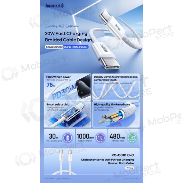 USB cable Remax RC-C010 USB-C to USB-C 30W 1.0m blanco