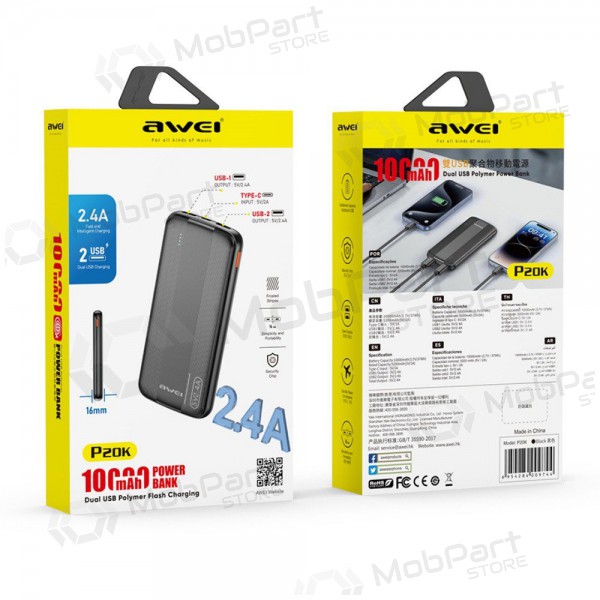 Batería externa Power Bank Awei P20K 5V/2.4A 10000mAh negro