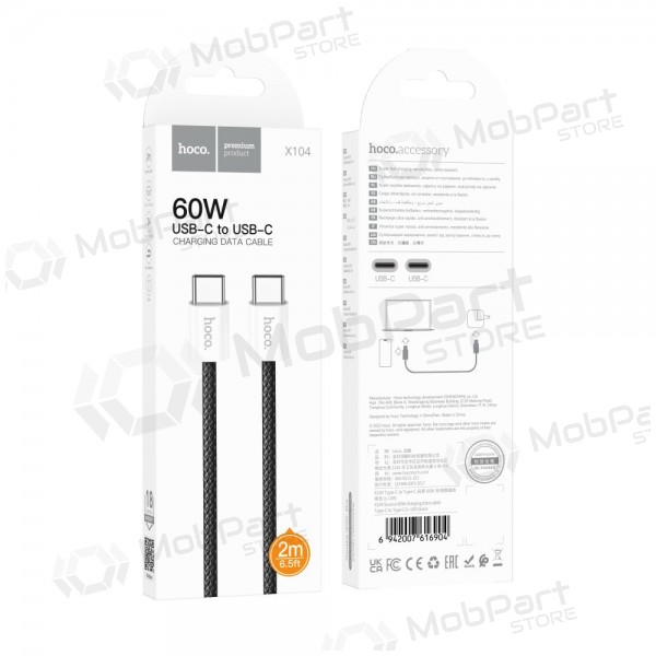 USB cable Hoco X104 60W USB-C to USB-C 2.0m negro