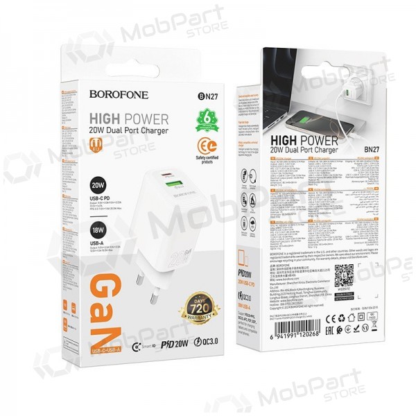 Cargador Borofone BN27 20W USB-C/USB-A blanco